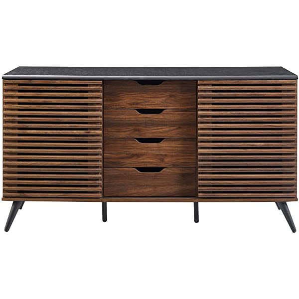 Walker Edison Modern 4 Drawer Sliding Door Wood Cabinet Buffet Entryway Serving Storage Cabinet Doors Dining Room Console, 59 Inch, Black and Dark Walnut