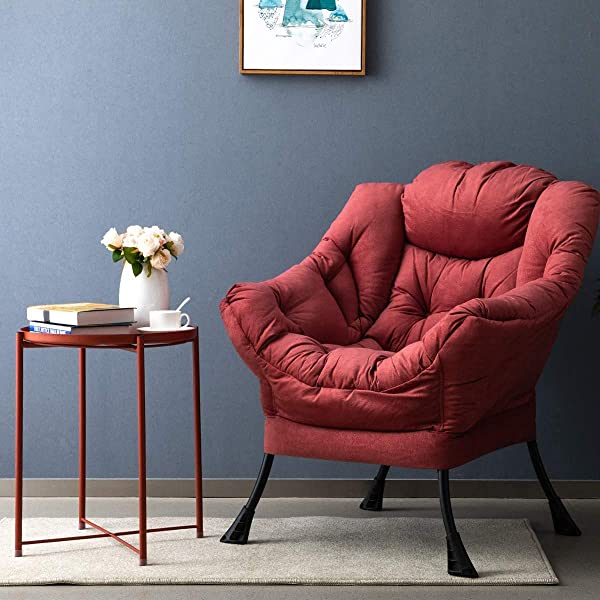 AbocoFur Modern Large Cotton Fabric Lazy Chair，Accent Contemporary Lounge Chair, Single Steel Frame Leisure Sofa Chair with Armrests and A Side Pocket, Beige