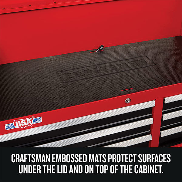 Tool cabinet with drawer lining roll and sleeve organizer