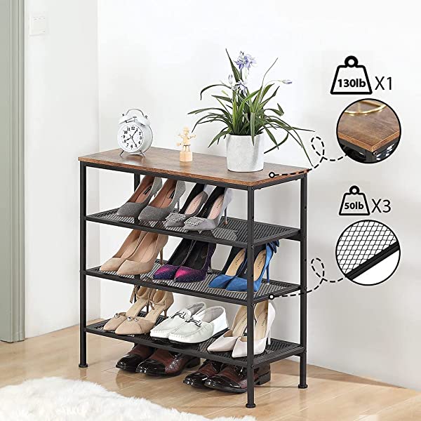Dulcii Shoe Rack, 4 Tiers Height Adjustable Shoe Organizer Industrial Shoe Cabinet Storage with Retro Wooden Panel/Metal Mesh Shelves for Entryway, Living Room, Hallway, Bathroom, 30×12×28.3 Inch