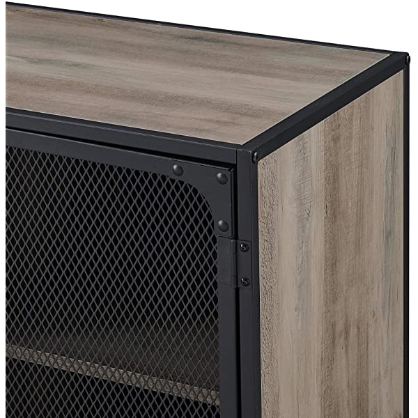 Walker Edison Malcomb Urban Industrial Metal Mesh Double Door Rolling Bar Cabinet, 33 Inch, Rustic Oak Rustic Oak 33 Inch