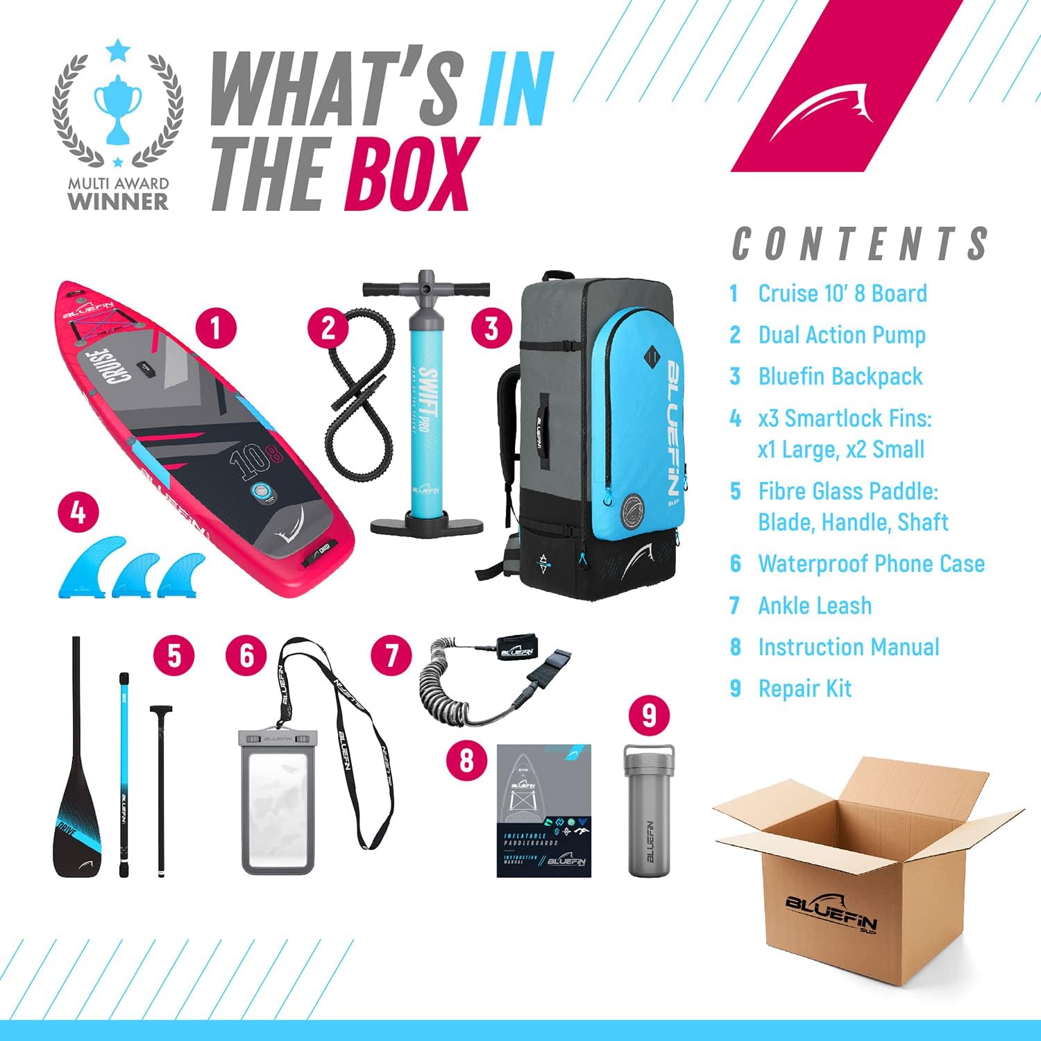 Bluefin Cruise SUP Inflatable Stand Up Paddle Board | Premium Paddleboard Accessories | Multiple sizes: Kids, 9'8, 10'4, 10’8, 12’, 15'