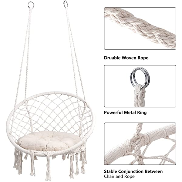 HBlife Hammock Chair, Hanging Swing with Macrame and Cushion, Max 330 Lbs, Beige Hanging Cotton Rope Chair for Indoor, Outdoor, Bedroom, Patio, Yard, Deck, Garden, Porch