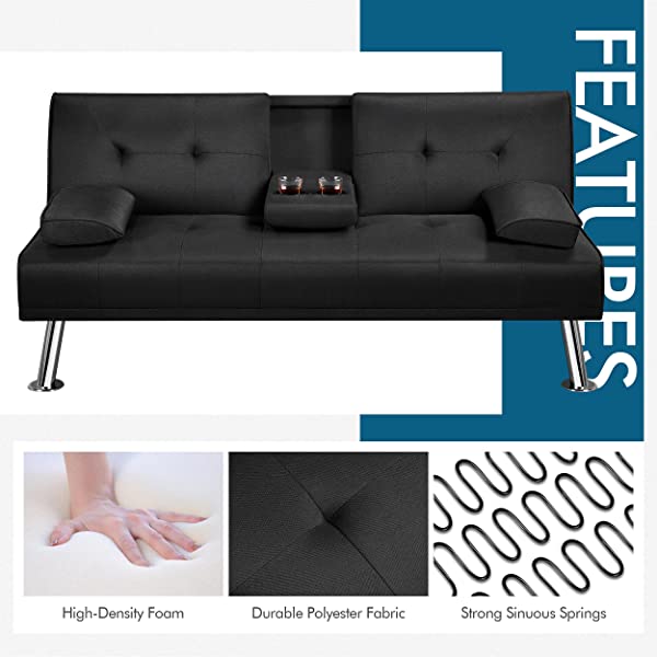 YAHEETECH Linen Fabric Modern Sofa Bed Sectional Couch Bed Folding Recliner Sleeper Reversible Loveseat Convertible Daybed, 2 Cup Holders, 3 Angles, 772lb Capacity, Removable Armrests, Dark Gray