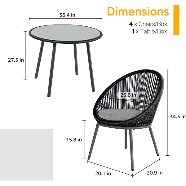 OC Orange-Casual 5 Pieces Patio Conversation Set, Outdoor Furniture Set, All-Weather Wicker Chairs with Round Glass Top Table and 4 Chairs, for Garden,Backyard, Indoor Outdoor Use, Yellow