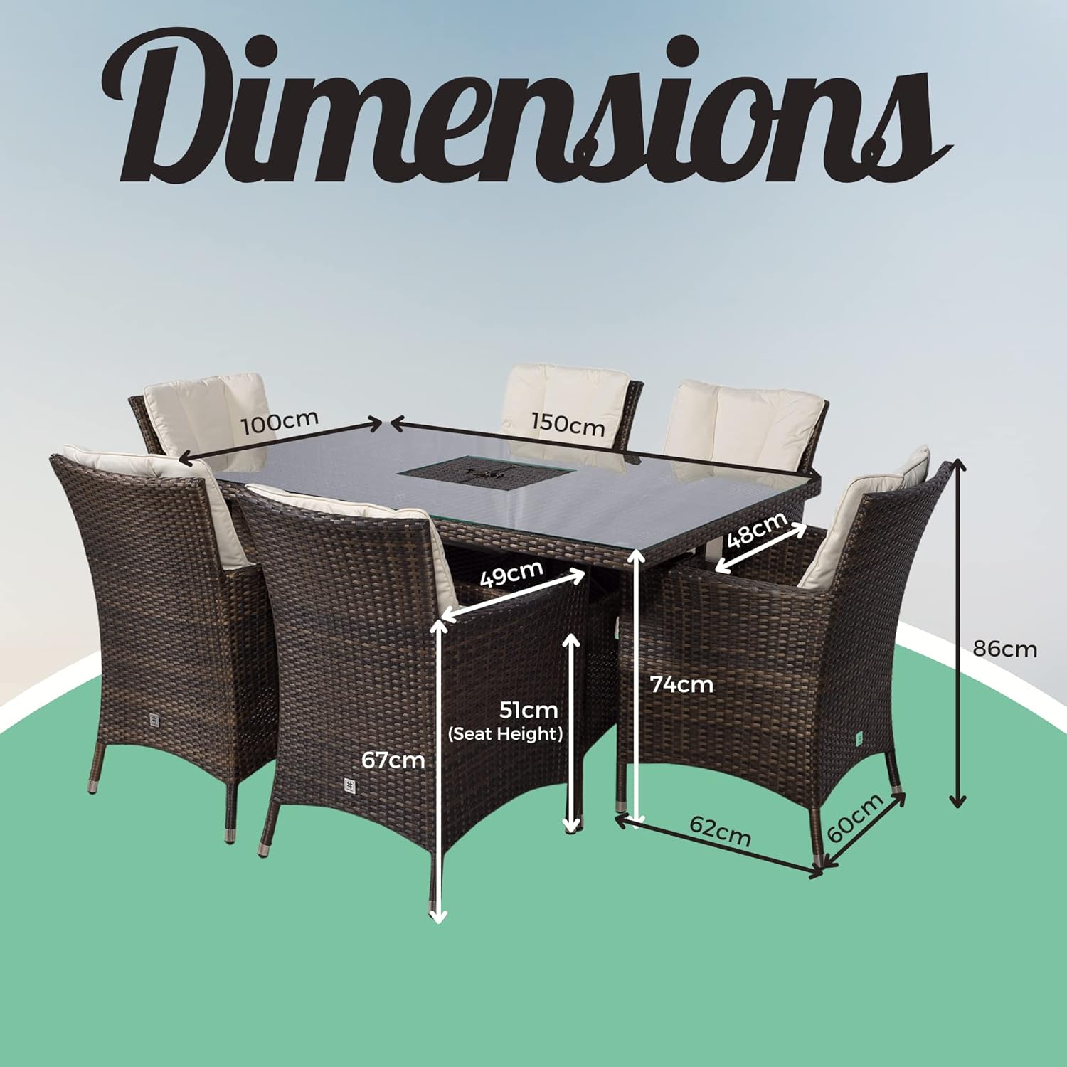 Savannah Rattan Dining Set | Rectangle 6 Seater Brown Rattan Table & Chairs Set with Ice Bucket Drinks Cooler | Outdoor Poly Rattan Garden Dining Furniture Set with Parasol & Cover