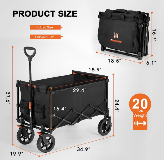 Foldable Practical Folding Four Wheel Vehicle Heavy Duty Foldable ATV Large Capacity Foldable Grocery Cart For Camping Garden Outdoor Fishing Black