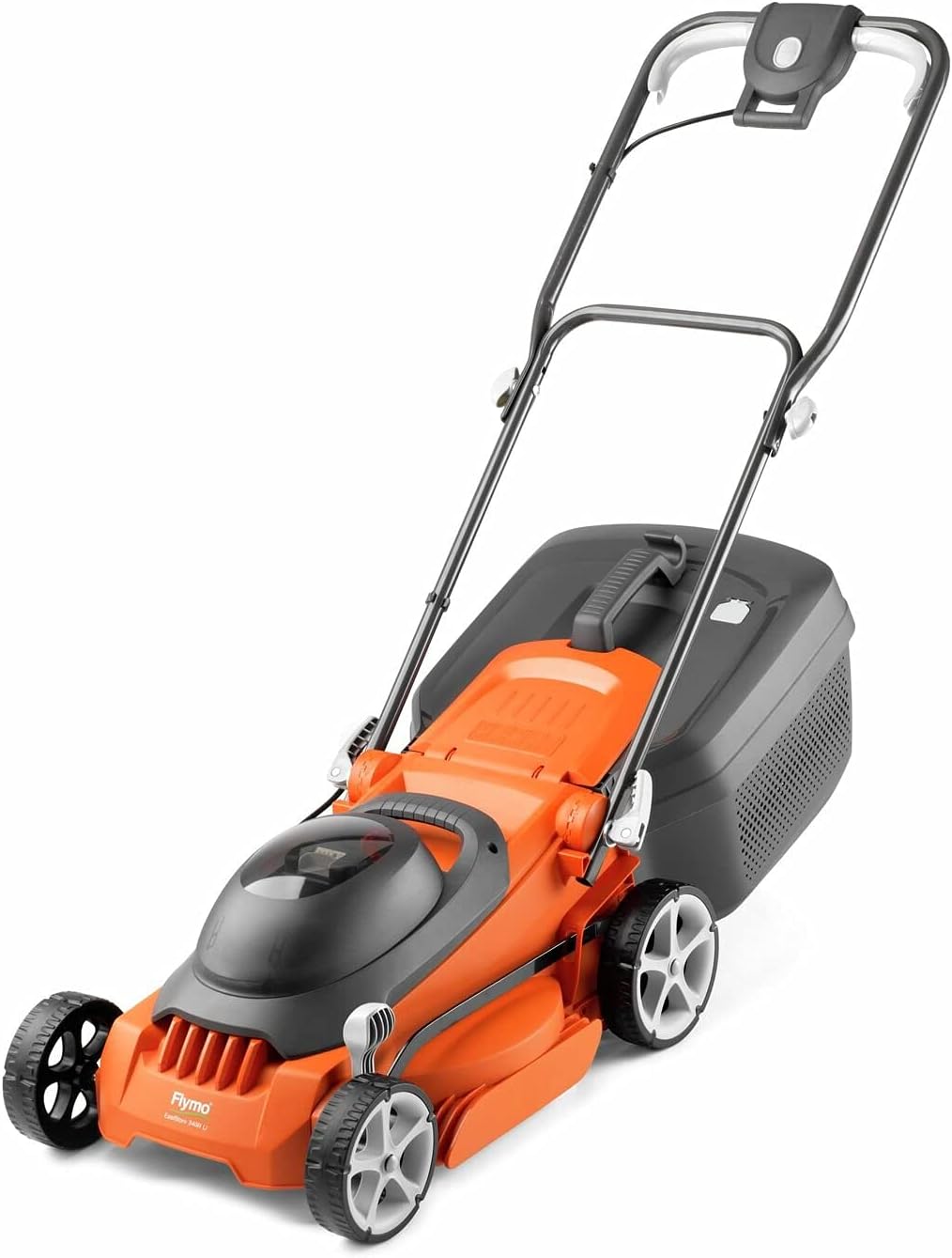 Flymo EasiStore 340R Li Cordless Rotary Lawn Mower - 40 V Battery (20 V x 2 Including Charger), 34 cm Cutting Width, 35 Litre Grass Box, Close Edge Cutting, Rear Roller, Space Saving Storage Features