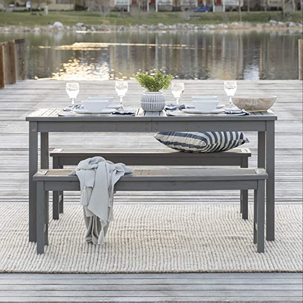 Walker Edison 5 Person Outdoor Wood Chevron Patio Furniture Dining Set Table Chairs Bench All Weather Backyard Conversation Garden Poolside Balcony, 4 Piece, Brown Brown 4 Piece Dining Set