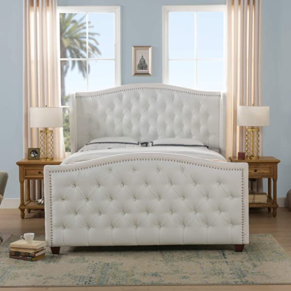 Jennifer Taylor Home Marcella Collection Queen Wingback Tufted Hand-Applied Nail Heads Upholstered Bed, Antique White Antique White Queen