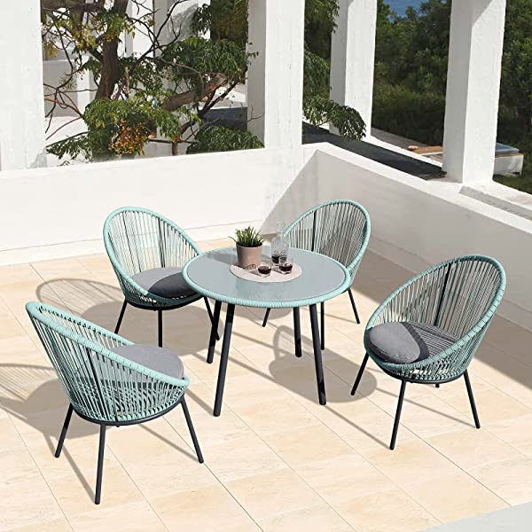 OC Orange-Casual 5 Pieces Patio Conversation Set, Outdoor Furniture Set, All-Weather Wicker Chairs with Round Glass Top Table and 4 Chairs, for Garden,Backyard, Indoor Outdoor Use, Yellow