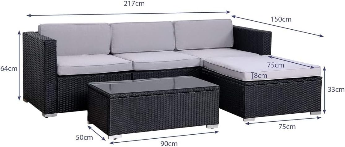 EVRE California Black Outdoor Rattan Garden Furniture Conversation Set with Handwoven PE Wicker Sectional Sofa Glass Top Table Cushions for Patio Deck Conservatory