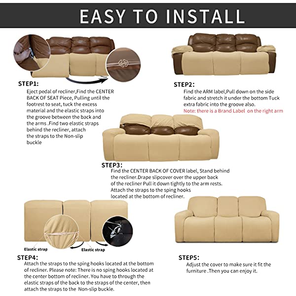 Easy-Going PU Leather Recliner Sofa Slipcovers, Waterproof Stretch Sofa Covers, 8 Pieces Stretch Furniture Protector, Elastic Strap Shield Pets Kids Children Cats Dogs Beige