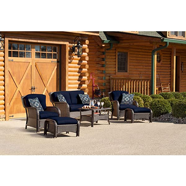 Hanover Strathmere 6-Piece Outdoor Patio Conversation Set, 2 Side Chairs with Ottomans, Loveseat and Tempered Glass Coffee Table, with Hand-Woven Wicker and Thick Cilantro Green Cushions, STRATHMERE6PC