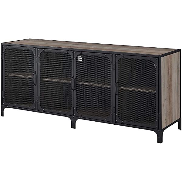 Walker Edison Malcomb Urban Industrial Metal Mesh Double Door Rolling Bar Cabinet, 33 Inch, Rustic Oak Rustic Oak 33 Inch