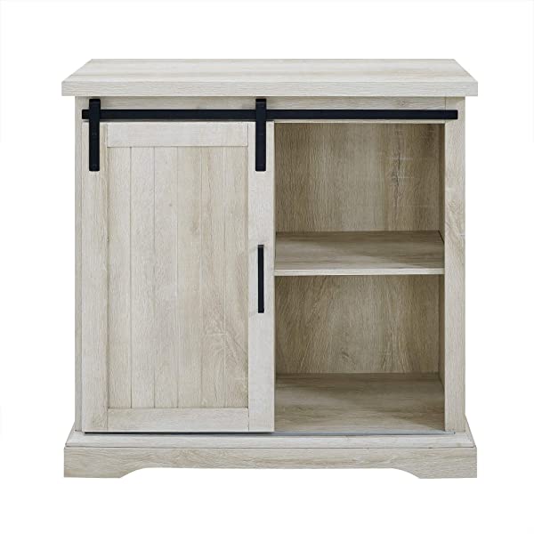 Walker Edison Beaumont Modern Farmhouse Sliding Slat Door Storage Cabinet, 32 Inch, White Oak White Oak Groove Door Cabinet