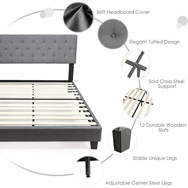 Giantex Shalini Upholstered Panel Platform Bed, Diamond Stitched Linen Panel Headboard, Metal Frame & 12 Strong Wooden Slat Support, Easy Assembly, Bed Mattress Foundation (Queen)