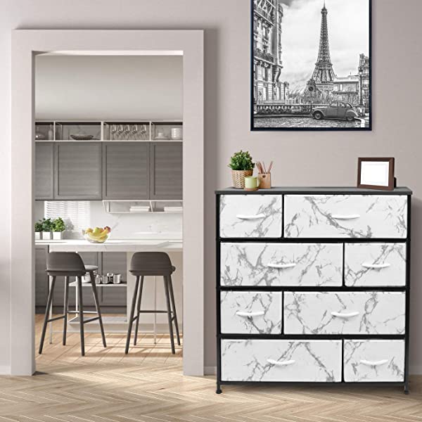 Sorbus Dresser with 8 Drawers - Furniture Storage Chest Tower Unit for Bedroom, Hallway, Closet, Office Organization - Steel Frame, Wood Top, Easy Pull Fabric Bins (White)