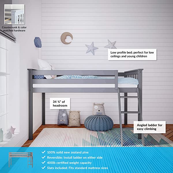 Max & Lily Twin Low Loft Bed with Staircase, White White Low Loft + Staircase Bed