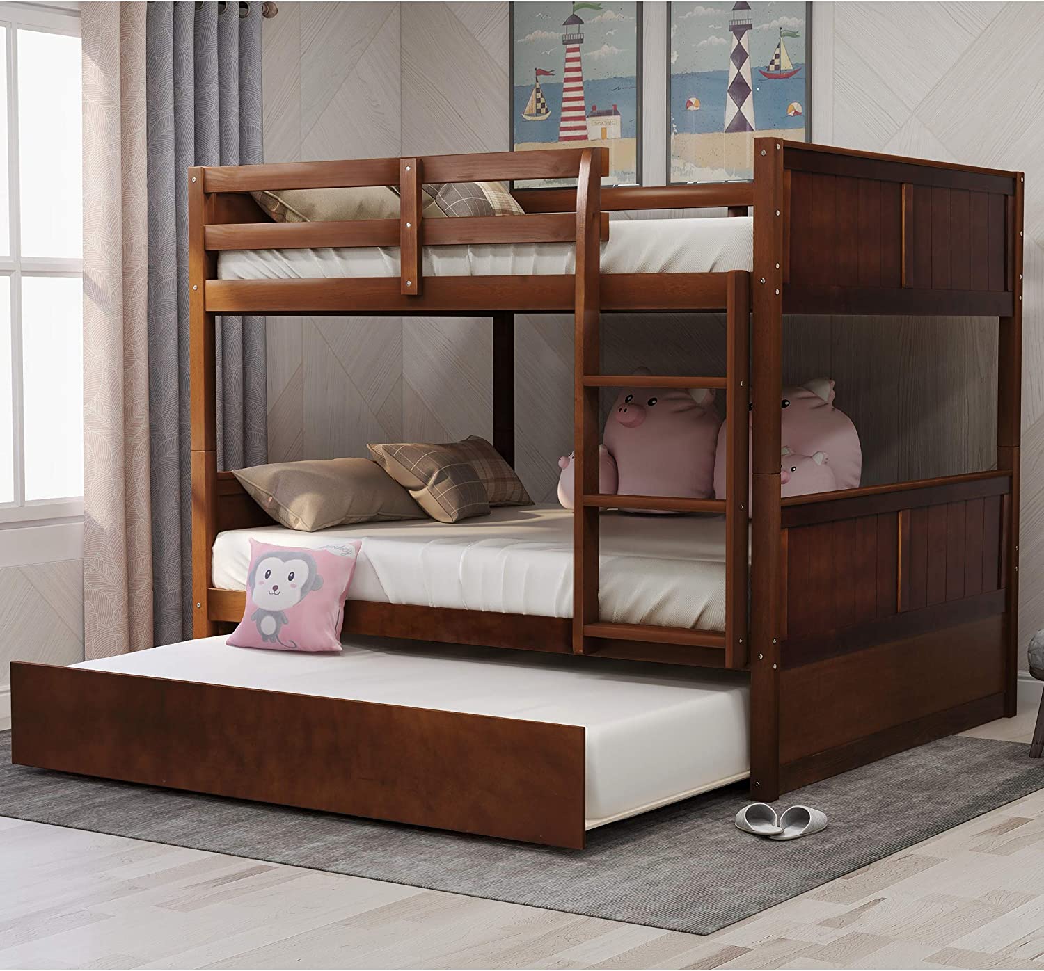 【Furniture】Full Over Full Bunk Bed for Kids Teens, Detachable Wood Full Bunk Bed Frame with Trundle