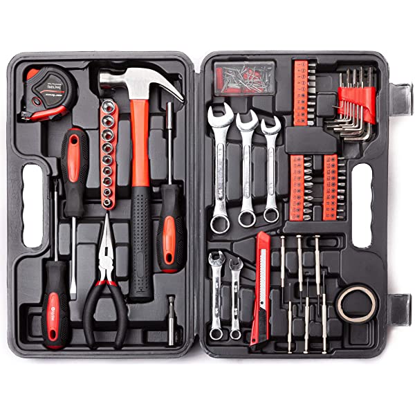 CARTMAN 148Piece Tool Set General Household Hand Tool Kit with Plastic Toolbox Storage Case Socket and Socket Wrench Sets Red