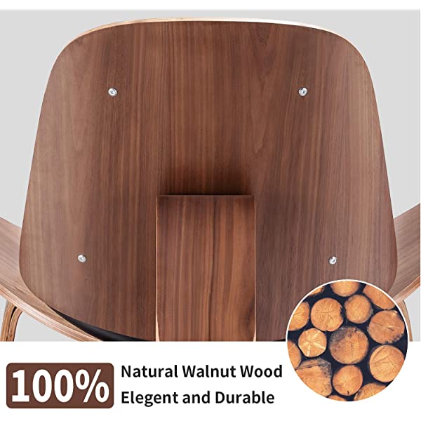 Rimdoc Three-Legged Shell Chair Mid Century Modern Lounge Chair with Black Leather Molded Plywood Accent Chair Reading Side Chair for Bedroom, Study, Office, Living Room (Black Walnut Wood)