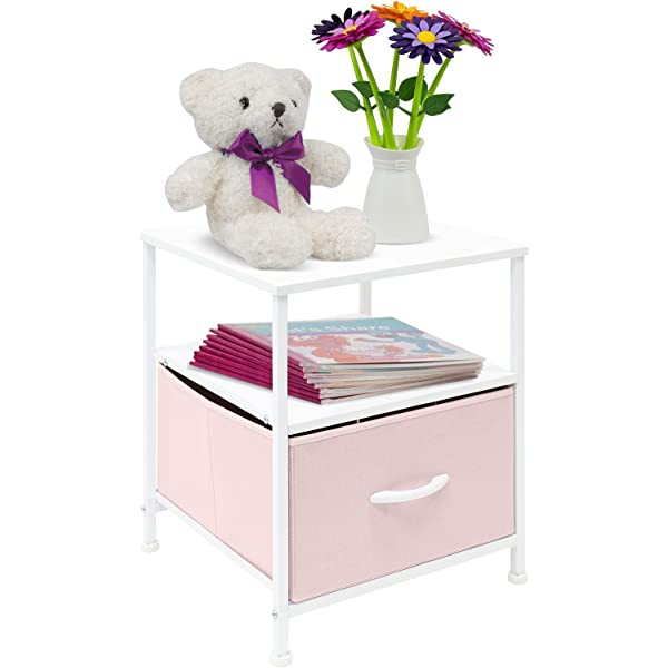 Sorbus Nightstand 1-Drawer Shelf Storage- Bedside Furniture & Accent End Table Chest for Home, Bedroom, Office, College Dorm, Steel Frame, Wood Top, Easy Pull Fabric Bins (Rustic Wood)