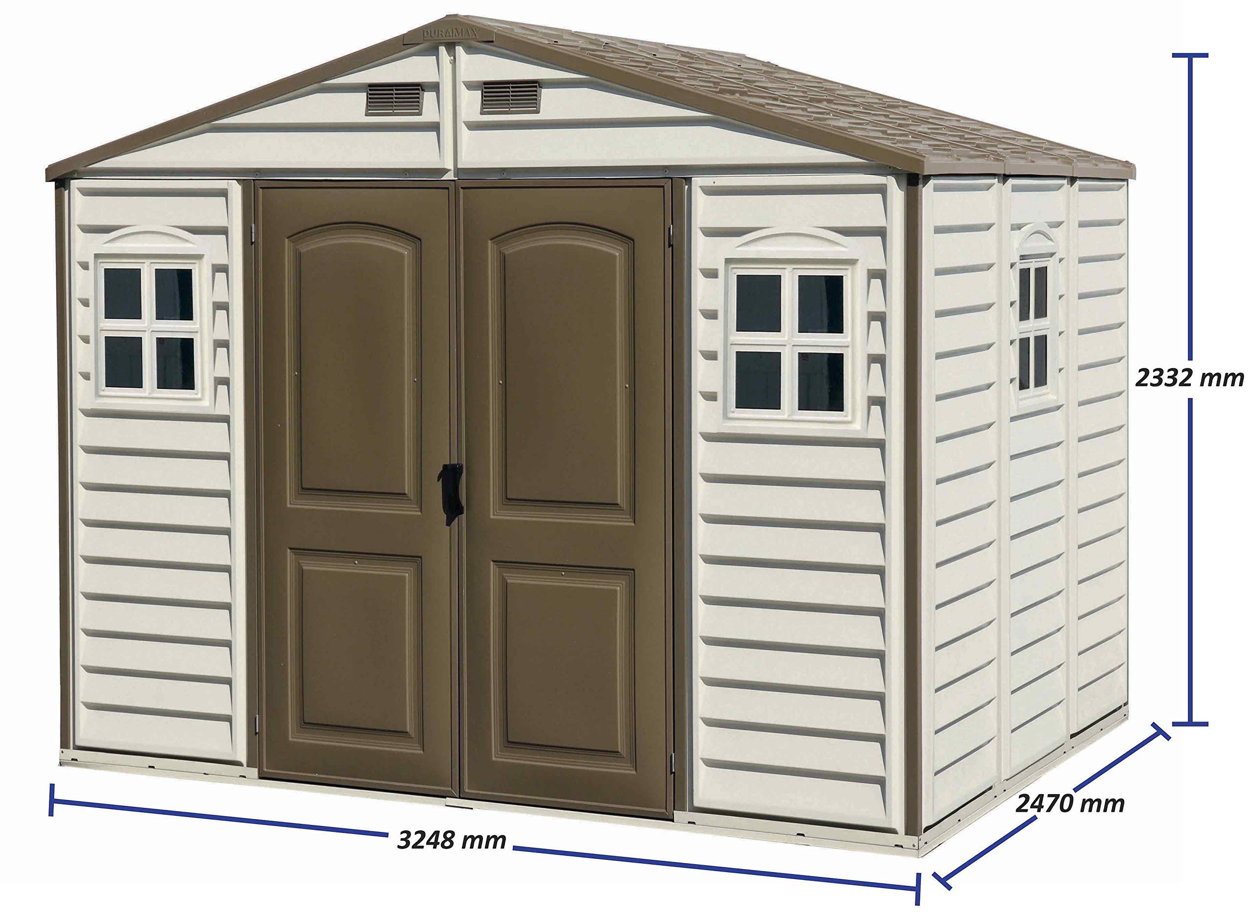 Duramax WoodSide 10 x 8 (8.02 m2) Plastic Garden Shed with 3 Fixed Windows & Metal Foundation Kit, Strong Metal Roof Structure Fire Retardant and Maintenance-Free Storage Shed