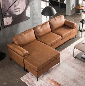 Ovios Mid-Century Top-Grain SUEDE Leather Chaise Sofa With Cushions Metal Legs