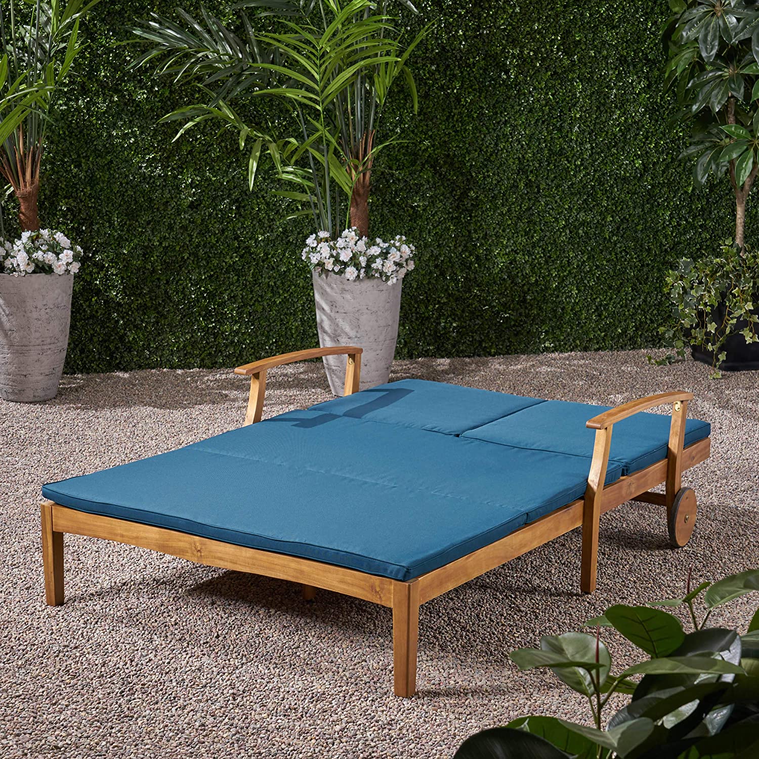 【Home&Garden】Samantha Double Chaise Lounge for Yard & Patio, Acacia Wood Frame, Teak Finish with Cushions