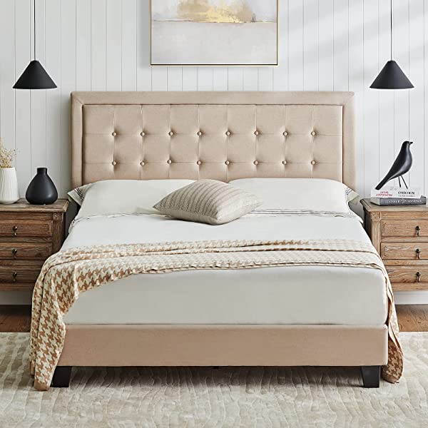 Amerlife Queen Bed Frame Upholstered Platform Bed with Adjustable Headboard - Button Tufted Mattress Foundation with Wooden Slat Support/No Box Spring Needed/Easy Assembly (Beige) Queen Beige
