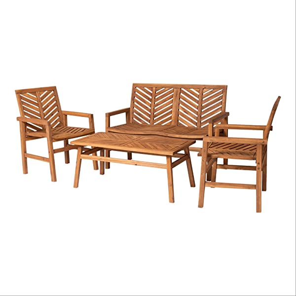 Walker Edison 5 Person Outdoor Wood Chevron Patio Furniture Dining Set Table Chairs Bench All Weather Backyard Conversation Garden Poolside Balcony, 4 Piece, Brown Brown 4 Piece Dining Set
