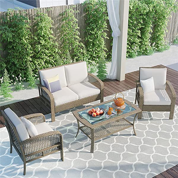 4 Pieces Outdoor Patio Furniture Set Wicker Rattan Cushioned Sectional Sofa Sets with Armchairs and Tempered Glass Table with Storage Shelf (Gray) Grey