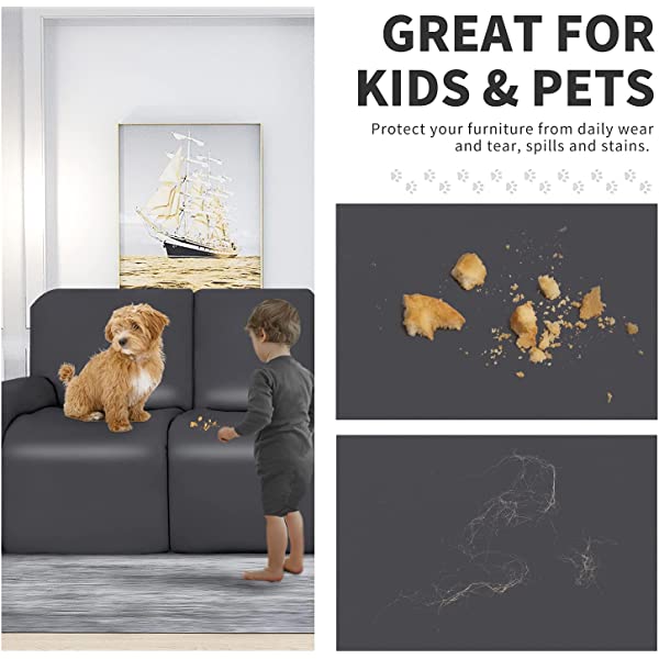 Easy-Going PU Leather Recliner Sofa Slipcovers, Waterproof Stretch Sofa Covers, 8 Pieces Stretch Furniture Protector, Elastic Strap Shield Pets Kids Children Cats Dogs Beige