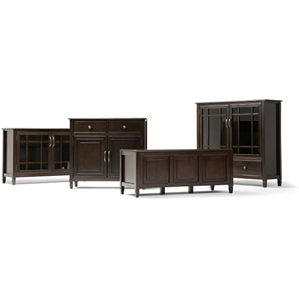 SIMPLIHOME Connaught SOLID WOOD 46 inch Wide Traditional Tall Storage Cabinet in Dark Chestnut Brown, with 2 Tempered Glass Doors that open to a Cabinet with 4 Adjustable Shelves an two Deep Drawers