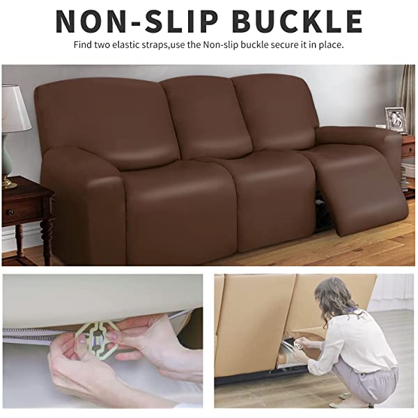 Easy-Going PU Leather Recliner Sofa Slipcovers, Waterproof Stretch Sofa Covers, 8 Pieces Stretch Furniture Protector, Elastic Strap Shield Pets Kids Children Cats Dogs Beige