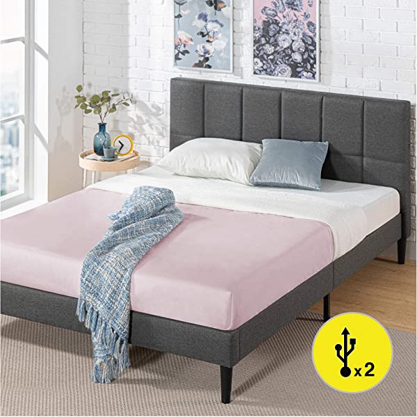 ZINUS Lottie Upholstered Platform Bed Frame / Mattress Foundation / Wood Slat Support / No Box Spring Needed / Easy Assembly, Grey, Queen Grey Queen Standard