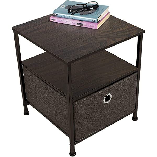 Sorbus Nightstand 1-Drawer Shelf Storage- Bedside Furniture & Accent End Table Chest for Home, Bedroom, Office, College Dorm, Steel Frame, Wood Top, Easy Pull Fabric Bins (Rustic Wood)