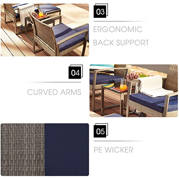 LOKATSE HOME 5-Piece Wicker Outdoor Conversation Set Patio Furniture PE Rattan All Weather Cushioned Chairs Balcony Porch with Ottoman and Glass Coffee Side Table, Blue