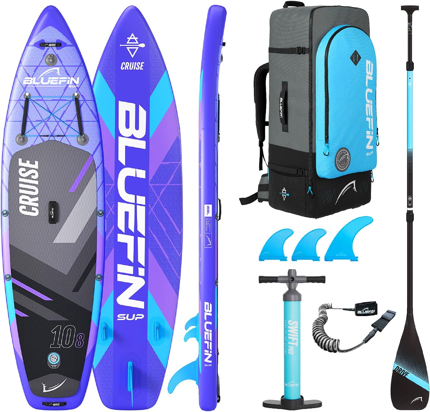 Bluefin Cruise SUP Inflatable Stand Up Paddle Board | Premium Paddleboard Accessories | Multiple sizes: Kids, 9'8, 10'4, 10’8, 12’, 15'