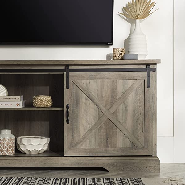 Walker Edison Richmond modern farmhouse sliding barn door TV stand for up to 52 inches, white and rustic oak white without fireplace 52 inches TV