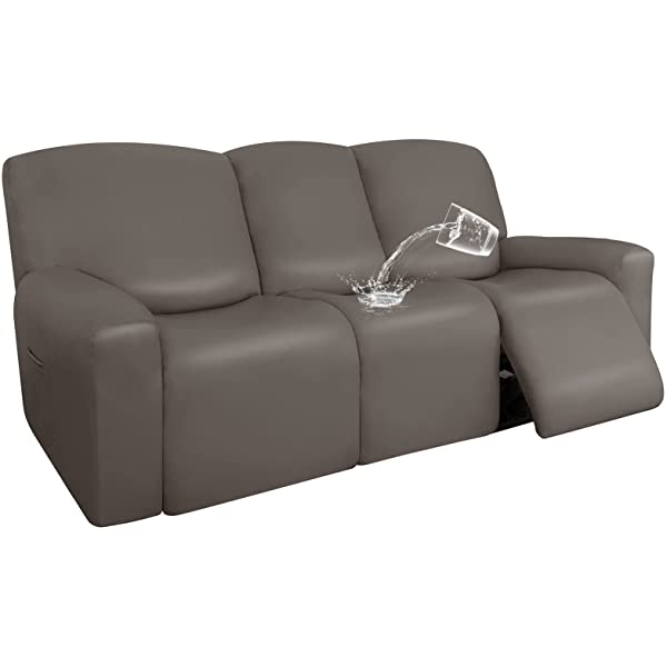 Easy-Going PU Leather Recliner Sofa Slipcovers, Waterproof Stretch Sofa Covers, 8 Pieces Stretch Furniture Protector, Elastic Strap Shield Pets Kids Children Cats Dogs Beige