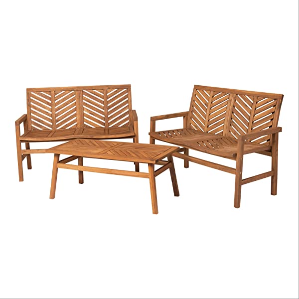 Walker Edison 5 Person Outdoor Wood Chevron Patio Furniture Dining Set Table Chairs Bench All Weather Backyard Conversation Garden Poolside Balcony, 4 Piece, Brown Brown 4 Piece Dining Set