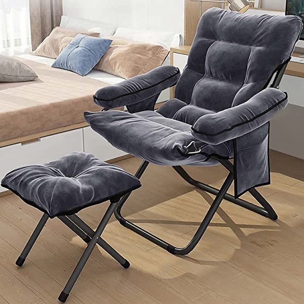 VOJUEAR Modern Accent Fabric Lazy Chair with Ottoman, Upholstered Lounge Reclining Armchair with Side Pocket for Adults or Kids,Upholstered Lounge Leisure Armrest Sofa Chair (CharcoalGrey)