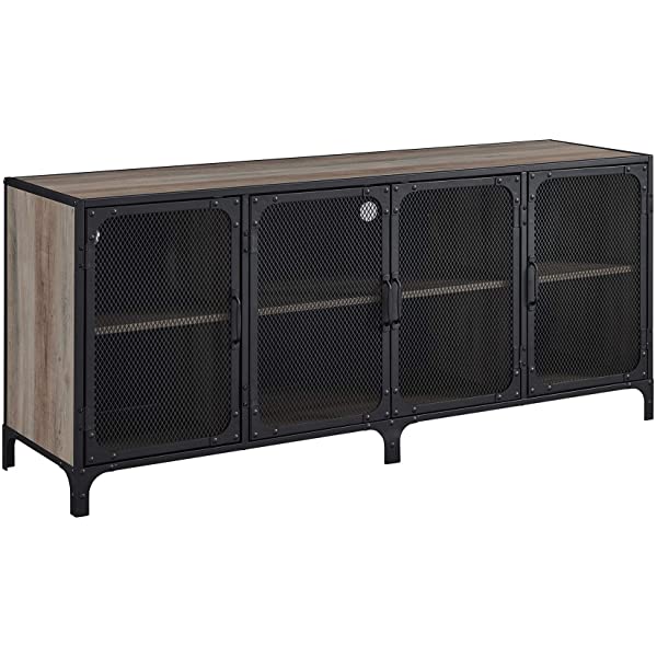 Walker Edison Malcomb Urban Industrial Metal Mesh Double Door Rolling Bar Cabinet, 33 Inch, Rustic Oak Rustic Oak 33 Inch