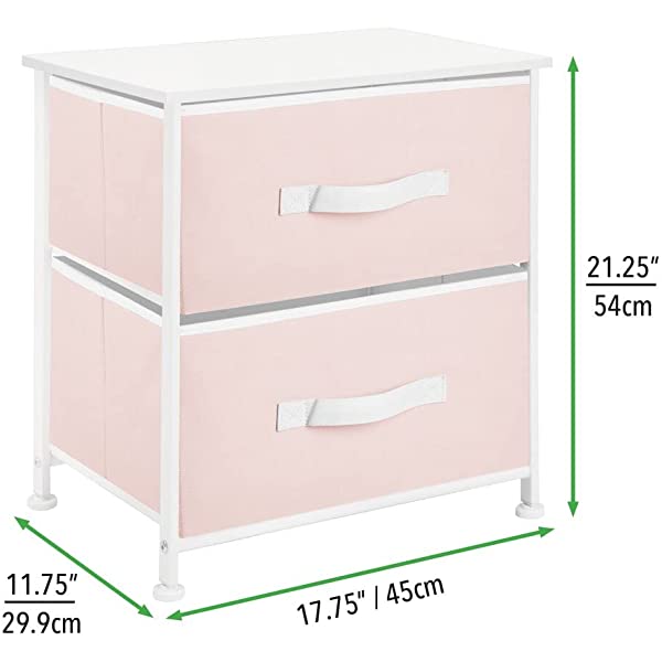 mDesign Storage Dresser End/Side Table Night Stand Furniture Unit - Small Standing Organizer for Bedroom, Office, Living Room, and Closet - 2 Drawer Removable Fabric Bins - Gray/White Grey