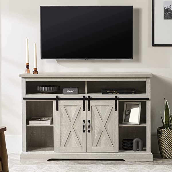 Walker Edison Richmond modern farmhouse sliding barn door TV stand for up to 52 inches, white and rustic oak white without fireplace 52 inches TV