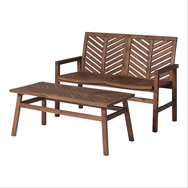 Walker Edison 5 Person Outdoor Wood Chevron Patio Furniture Dining Set Table Chairs Bench All Weather Backyard Conversation Garden Poolside Balcony, 4 Piece, Brown Brown 4 Piece Dining Set