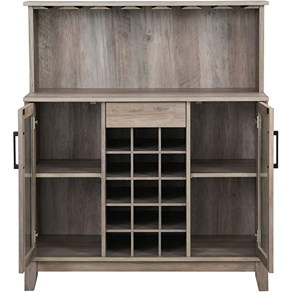 Bar Cabinet with Wine Rack and Glass Doors (Grey wash- Solid)