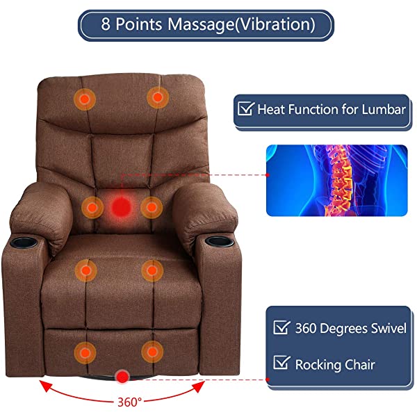 Esright Grey Fabric Massage Recliner Chair 360 Degrees Swivel Heated Ergonomic Lounge Chair
